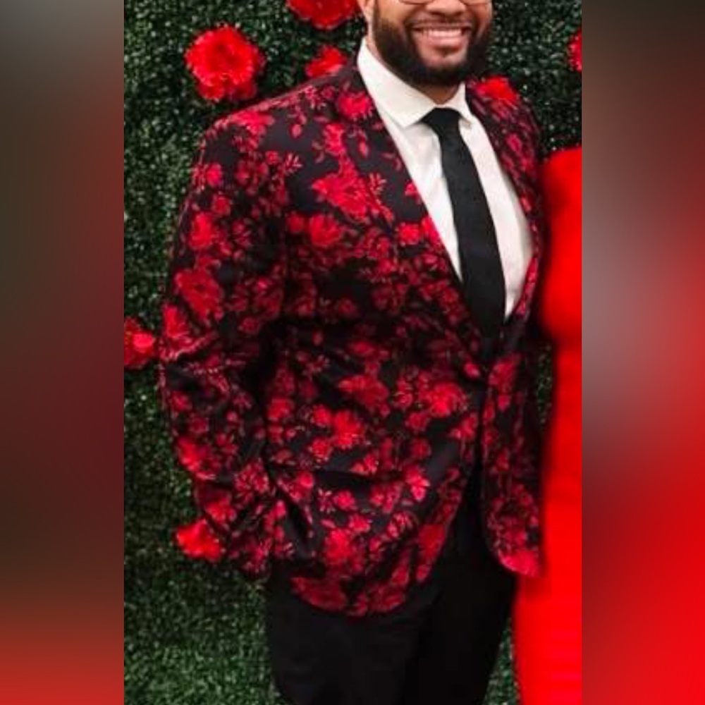 jf j.ferrar Red and Black Floral Blazer Slim Fit 48R